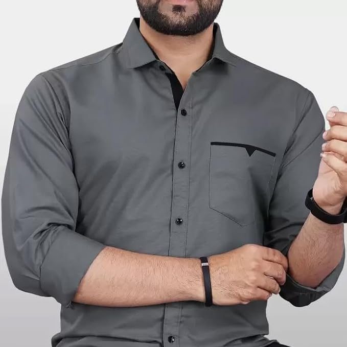 Men Cotton Shirt Solid Color Regular Fit with Pocket